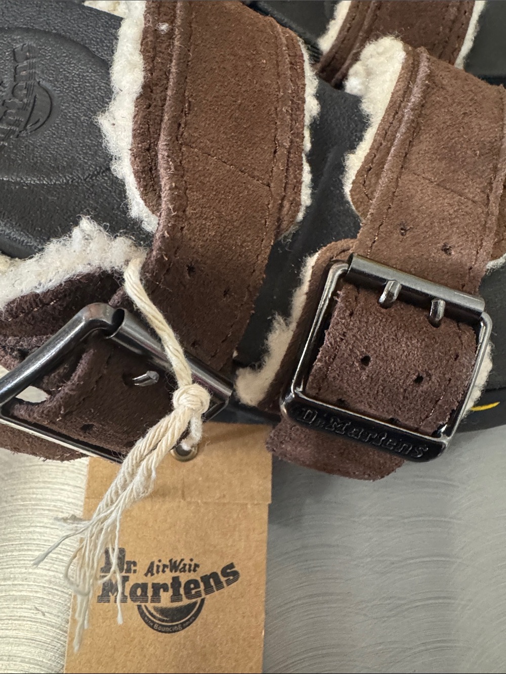 Dr. Martens Brown Suede Shearling Buckle Sandals with Black Footbed - Picture 3 of 8
